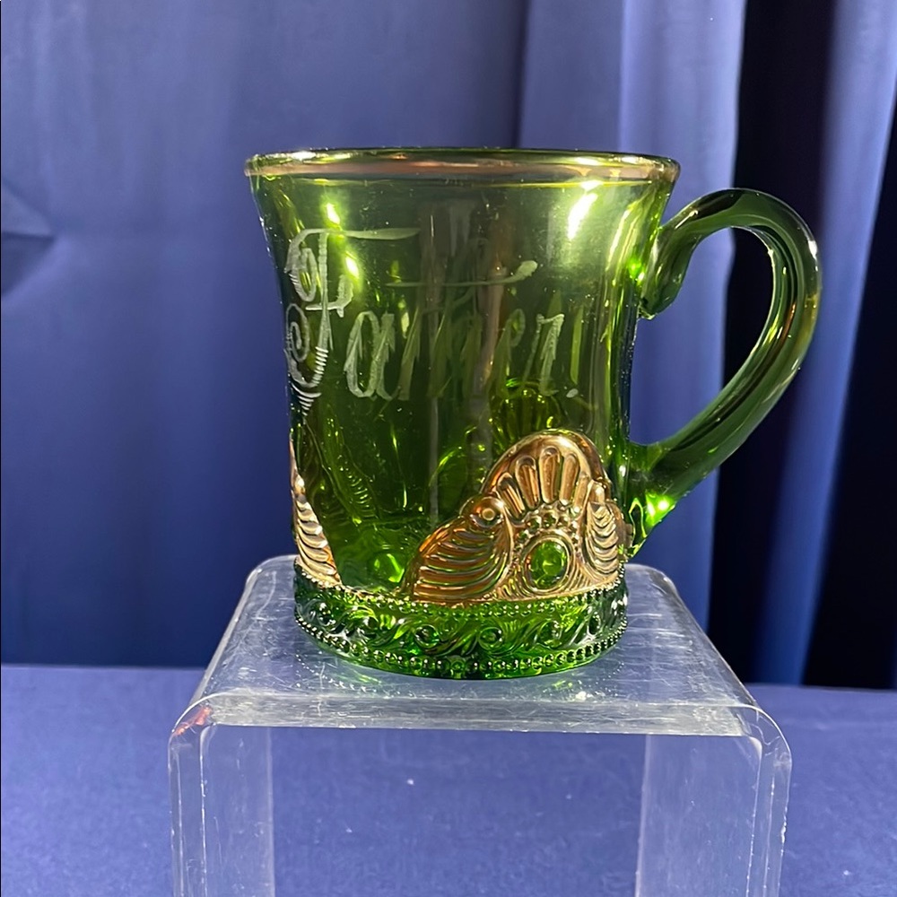 Antique Green Glass Father Mug With Father Etched On It